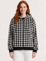 Neden Tekstil Kadın Kazayağı Desenli Kapüşonlu Fermuarlı Sweatshirt Ceket
