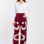 Neden Tekstil Bordo Desenli Yüksek Bel Triko Palazzo Kadın Pantolon