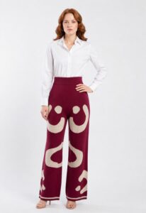 Neden Tekstil Bordo Desenli Yüksek Bel Triko Palazzo Kadın Pantolon