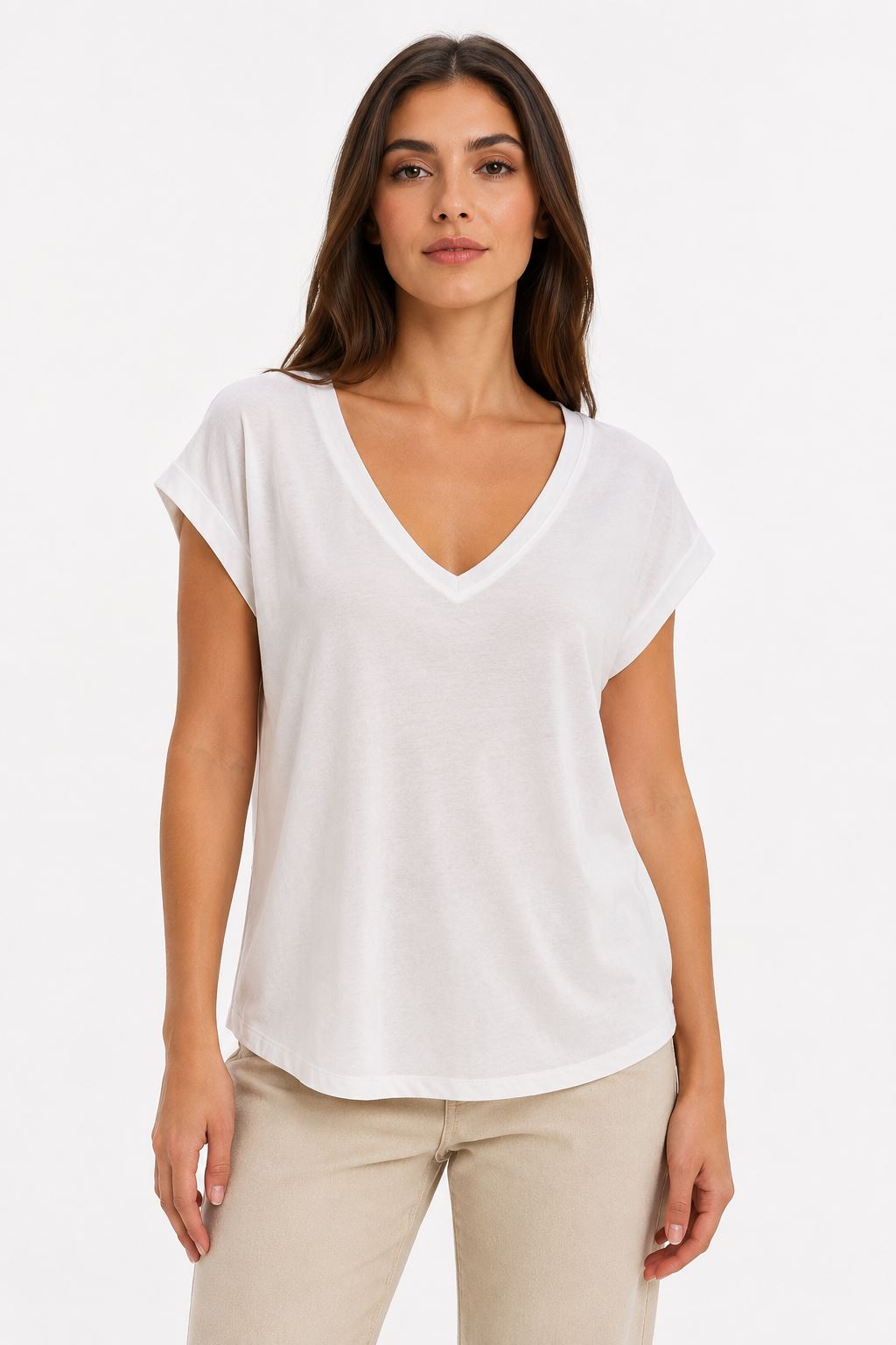 69226598-1b05-457f-ac63-4a40faccb226.jpg Neden Tekstil Kadın V Yaka Beyaz Kısa Kollu T-Shirt - Görsel 1