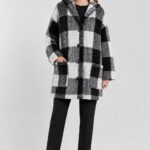 Neden Tekstil Kadın Kapüşonlu Siyah Beyaz Kareli Oversize Ceket