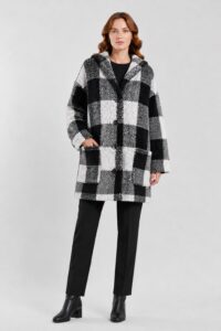 Neden Tekstil Kadın Kapüşonlu Siyah Beyaz Kareli Oversize Ceket