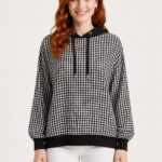 Neden Tekstil Kadın Kapüşonlu Siyah Beyaz Kareli Sweatshirt