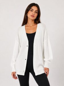 Neden Tekstil Beyaz Oversize V Yaka Kadın Triko Hırka