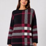Neden Tekstil Kadın Oversize Triko Kazak Siyah Bordo Ekose Desen