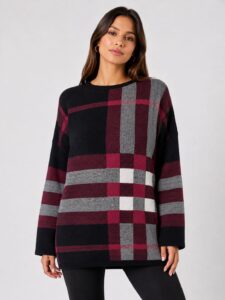 Neden Tekstil Kadın Oversize Triko Kazak Siyah Bordo Ekose Desen