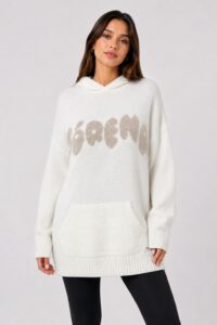 Neden Tekstil Kadın Kapüşonlu Relaxed Beyaz Triko Sweatshirt