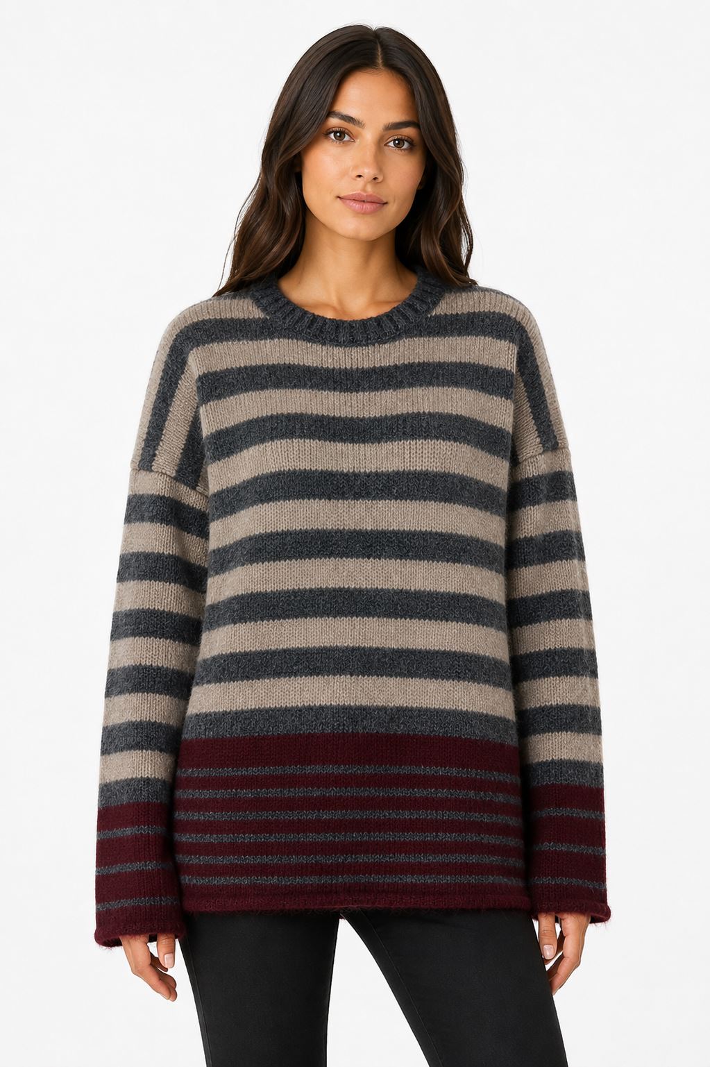 cc0ab470-9e6d-4556-8fad-21bd4b792781.jpg Neden Tekstil Kadın Çizgili Oversize Triko Kazak - Görsel 1