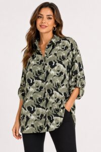 Neden Tekstil Kadın Oversize Desenli Uzun Kol Gömlek