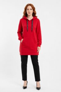 Neden Tekstil Kadın Kapüşonlu Kırmızı Sweatshirt Tunik
