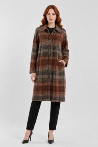 Neden Tekstil Kadın Ekose Desenli Uzun Dokuma Oversize Mont