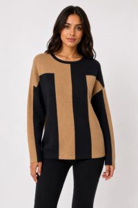 Neden Tekstil Kadın Siyah Bej Renk Bloklu Triko Bluz