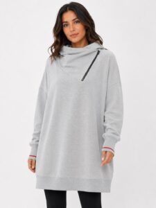 Neden Tekstil Gri Kadın Oversize Triko Yarım Fermuarli Kazak